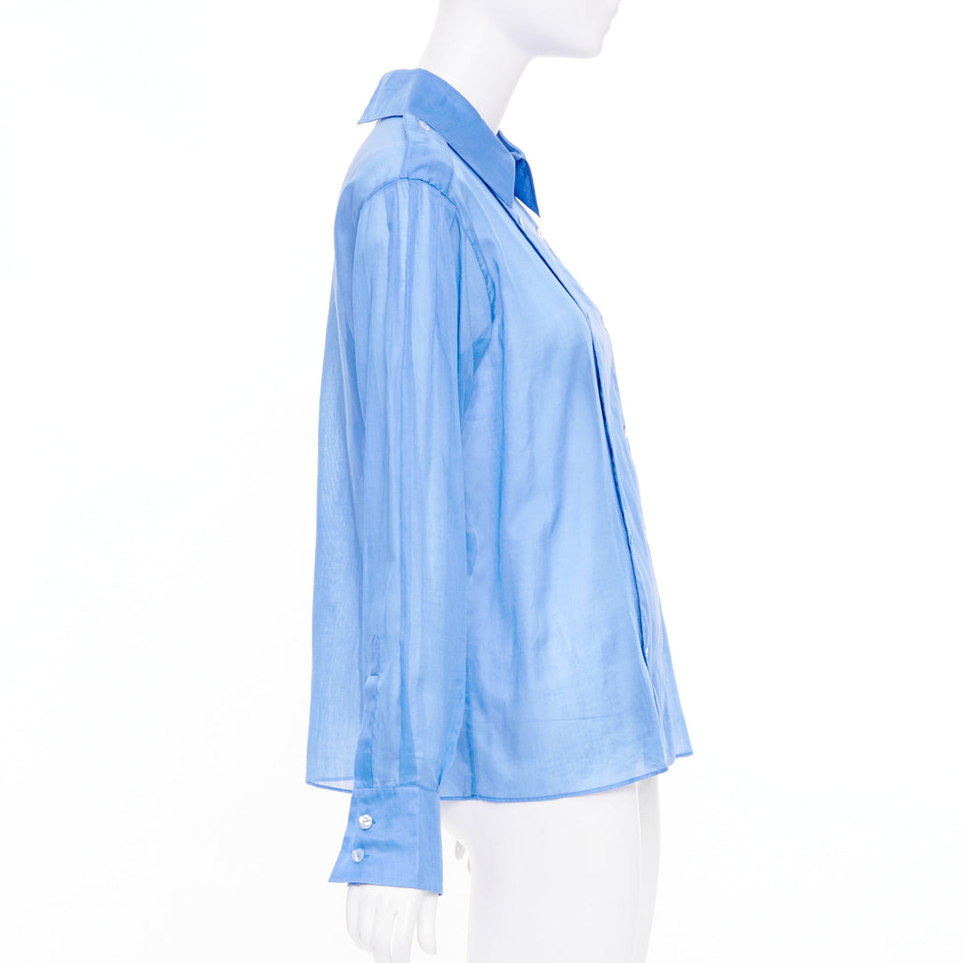 CHANEL sheer panel blue cotton double breasted epaulet button shirt FR38 M