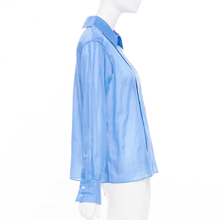 CHANEL sheer panel blue cotton double breasted epaulet button shirt FR38 M