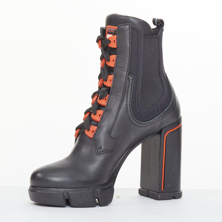 PRADA 2018 Runway black leather neoprene orange accent chunky heel boots EU37