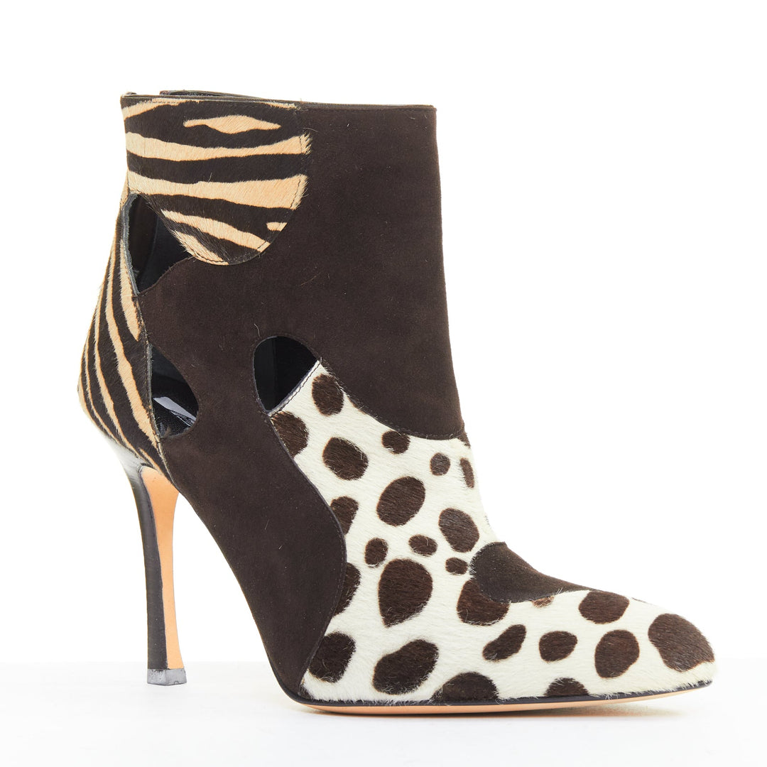 BRIAN ATWOOD Camoscio brown suede calf hair multi animal cut out booties EU38.5