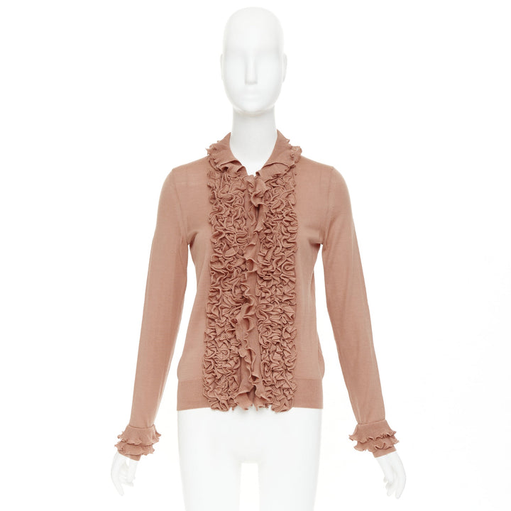 YVES SAINT LAURENT Rive Gauche beige wool ruffle tier cuff knit cardigan XS