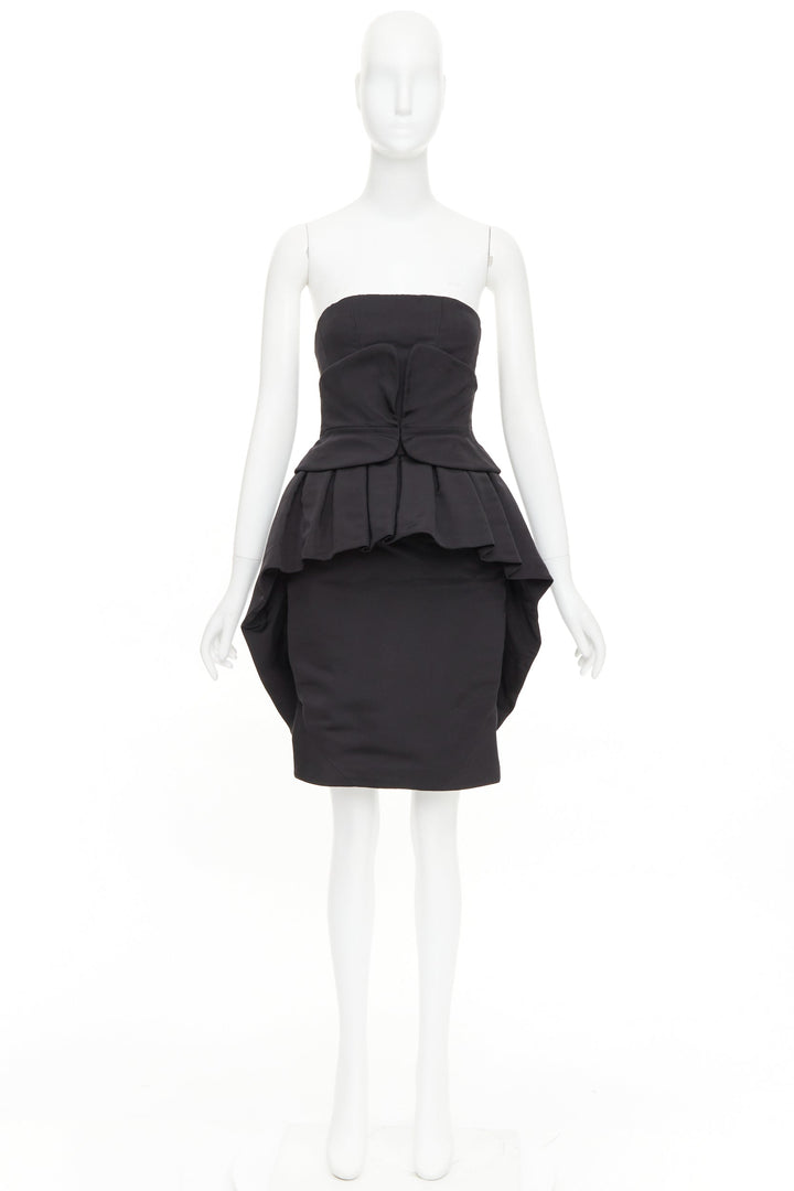 ZAC POSEN black silk structural peplum ruffled boned corset mini dress US2 S