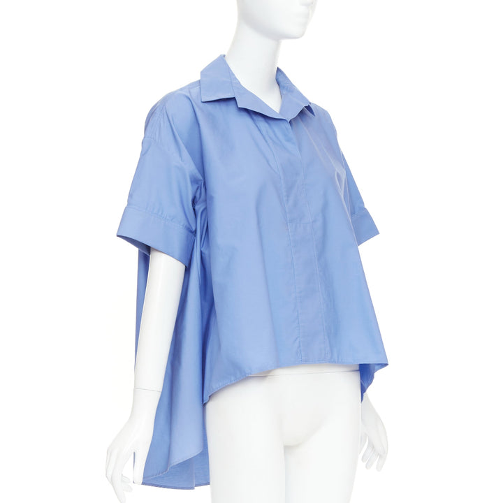 LANVIN sky blue cotton poplin high low collared half sleeve cropped shirt FR36 S
