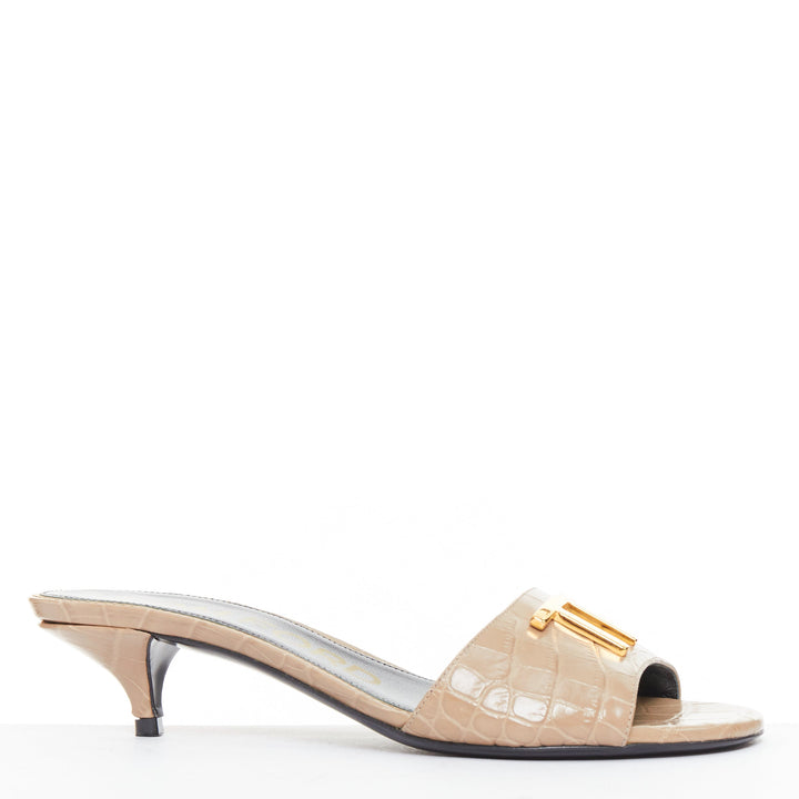 TOM FORD taupe croc embossed calfskin gold TF logo kitten heel sandal EU36