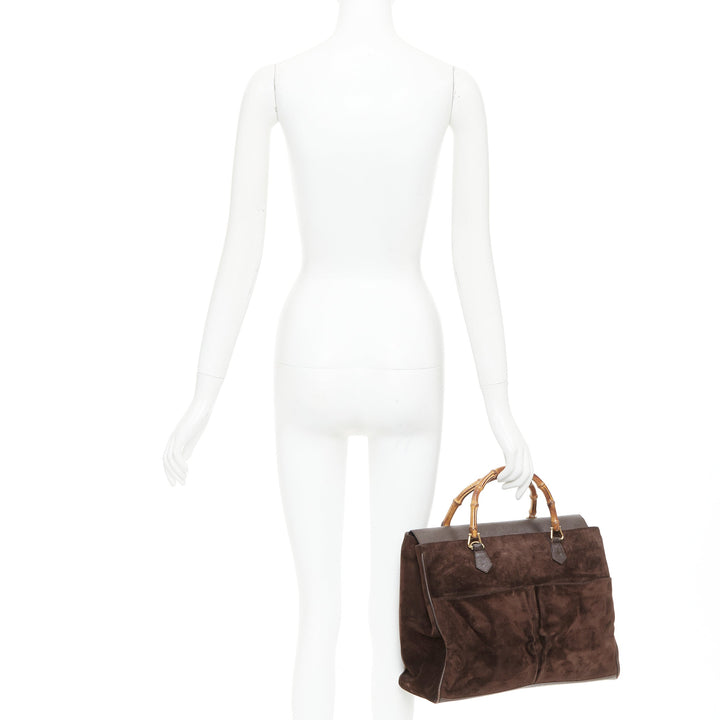 GUCCI Vintage Bamboo brown suede leather nude handle satchel bag