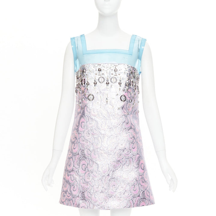 rare MIU MIU 2014 Runway blue PVC metallic purple wool A-line dress IT40 S