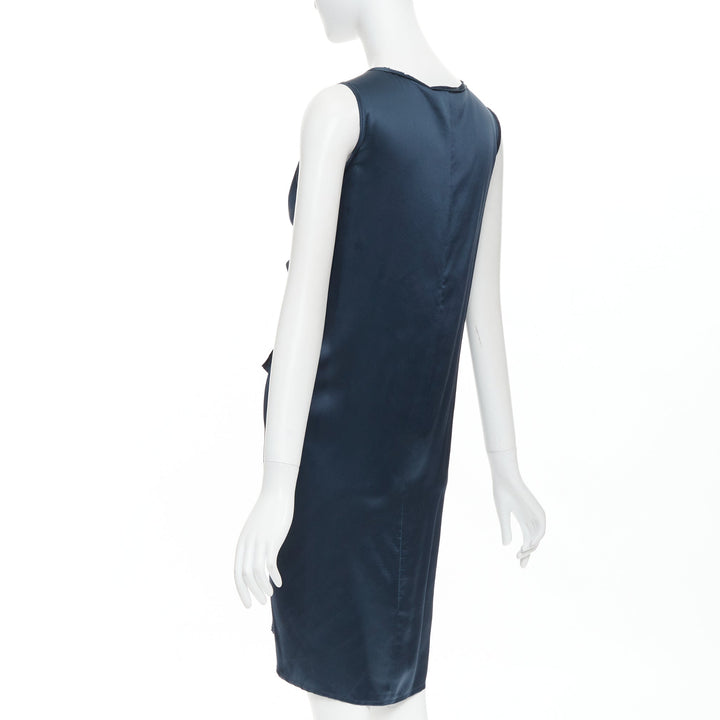 LANVIN 2007  Alber Elbaz  midnight blue silk gathered ruched draped dress FR38 M