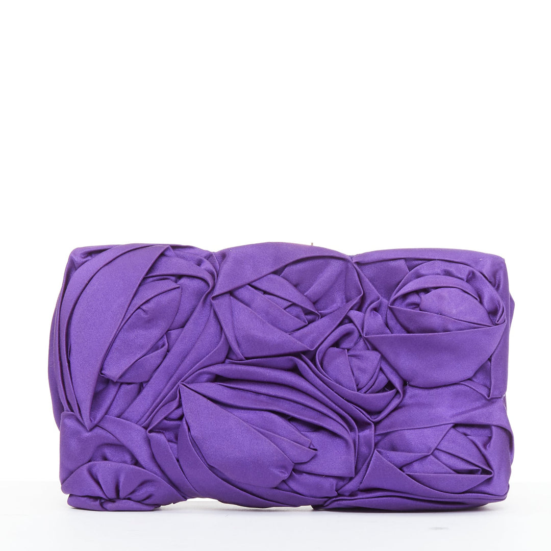 ROGER VIVIER purple satin 3D rose ruffle applique crystal buckle clutch bag