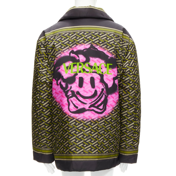 VERSACE 2021 Runway La Greca Graffiti Medusa Smiley green padded coat IT50 M