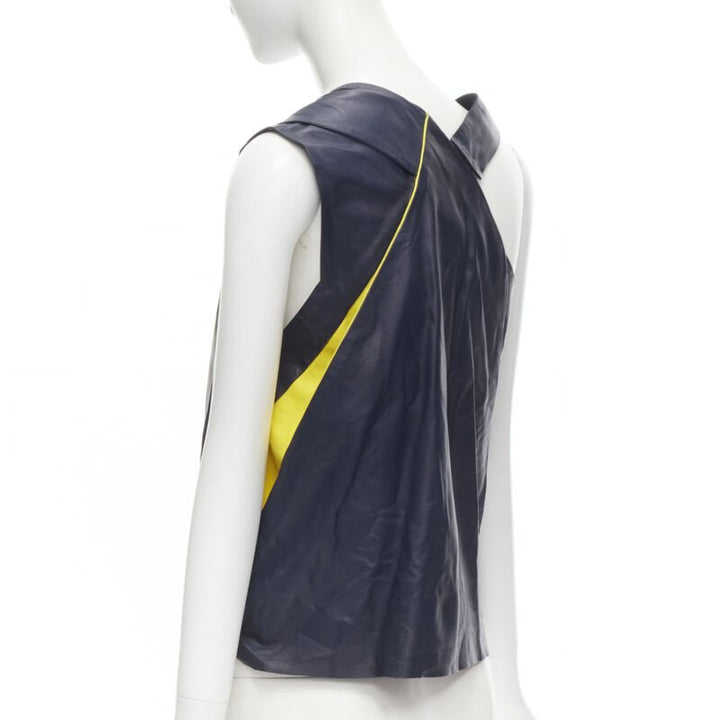 BALENCIAGA 2010 Runway Ghesquiere navy yellow leather pleated top FR38 S