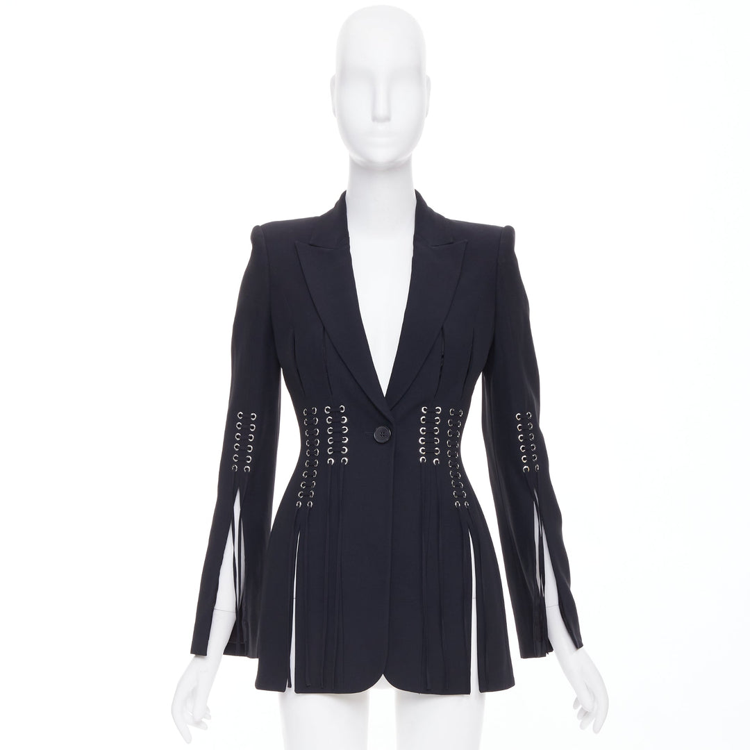 ALEXANDER MCQUEEN 2018 black eyelet lacing detail fitted blazer IT38 XS