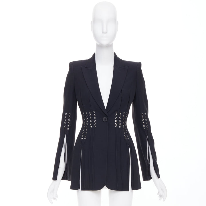 ALEXANDER MCQUEEN 2018 black eyelet lacing detail fitted blazer IT38 XS