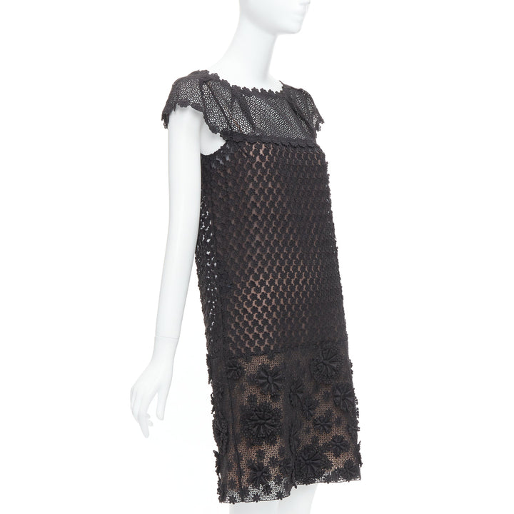 PRADA 2011 black cotton floral applique lace silk lined dress IT38 XS