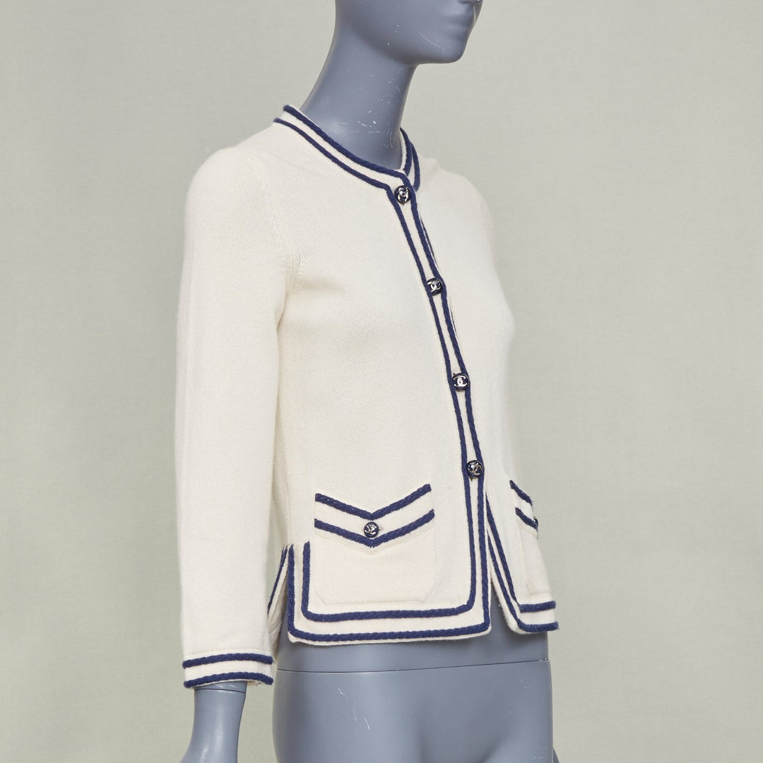 CHANEL 2015 ivory navy blue contrast trim rib pocket cashmere cardigan FR34 XS