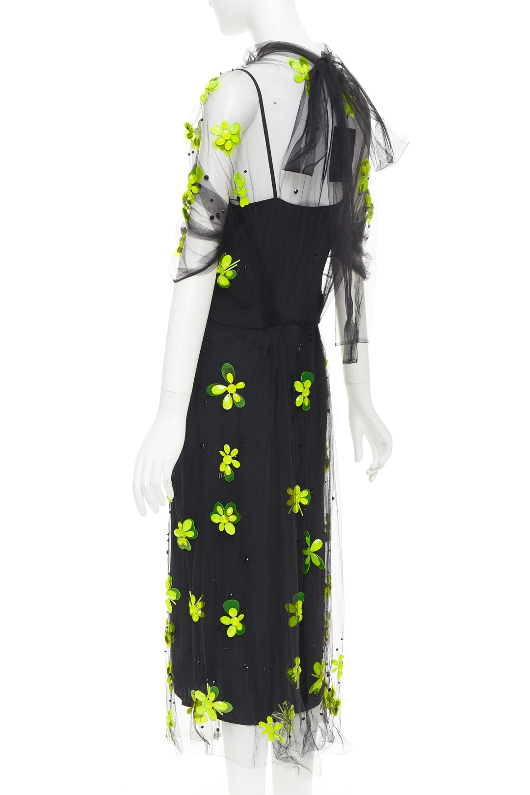 PRADA 2018 Runway neon yellow floral bead black gathered tulle dress IT40 S
