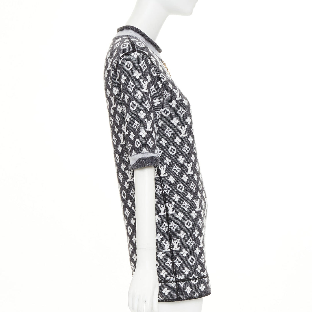 LOUIS VUITTON 2023 grey cream wool cotton LV monogram chain collar mini dress XS
