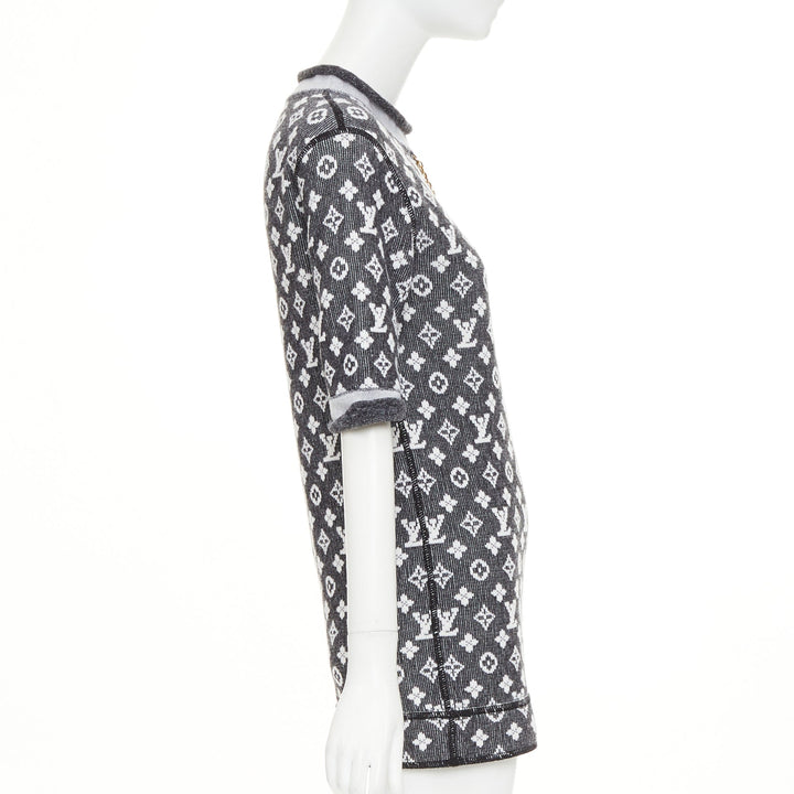 LOUIS VUITTON 2023 grey cream wool cotton LV monogram chain collar mini dress XS