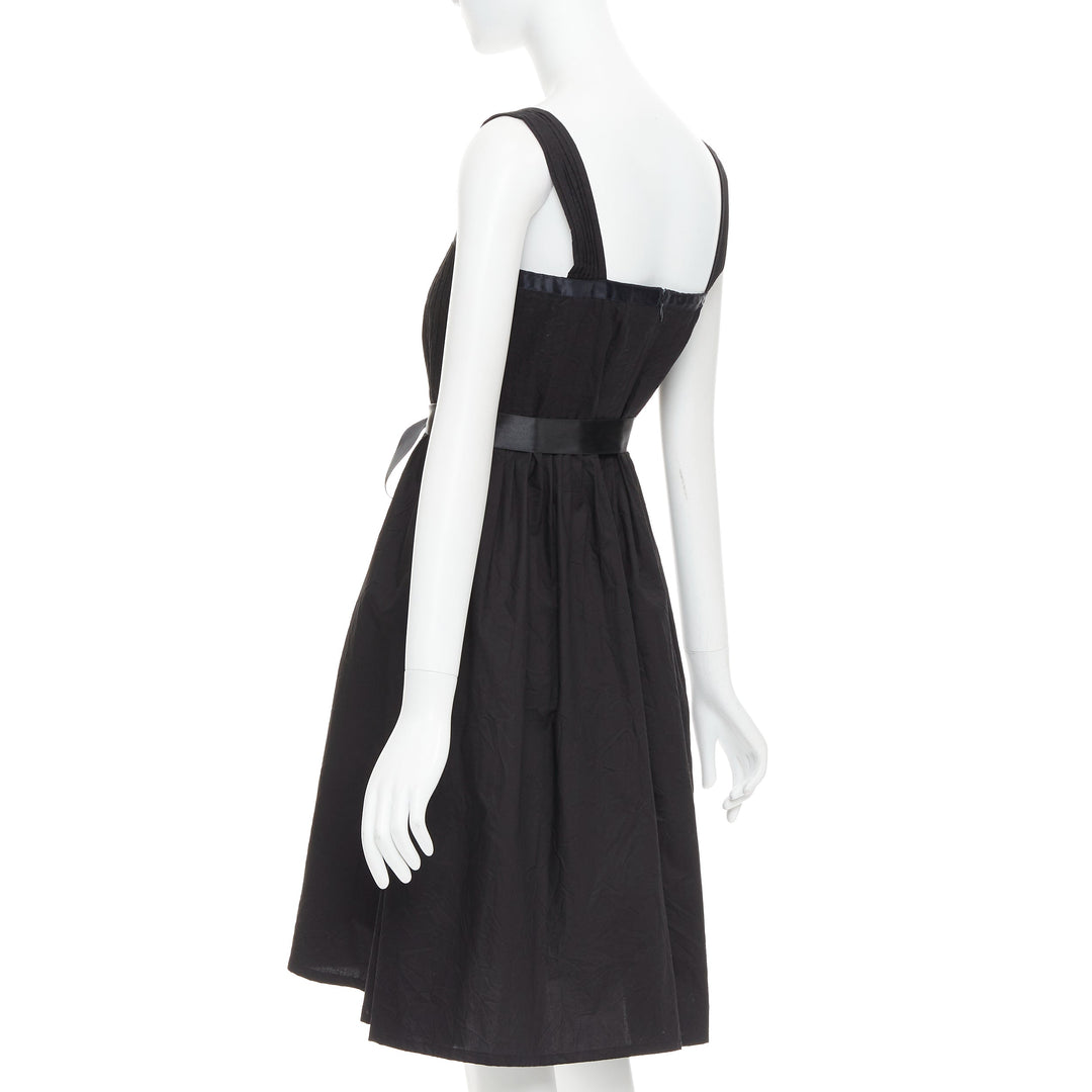 BURBERRY LONDON black cotton pleated waist ribbon tie babydoll dress UK8 S