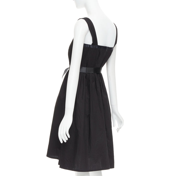BURBERRY LONDON black cotton pleated waist ribbon tie babydoll dress UK8 S