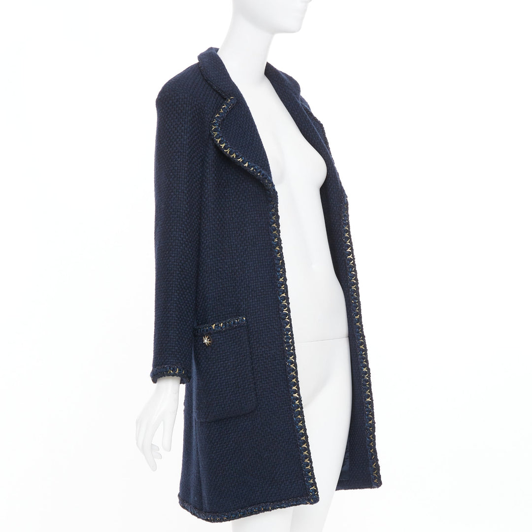 CHANEL 2015 Paris Salzburg navy alpaca blend braid trim open tweed coat FR34 XS