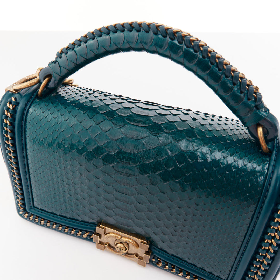 CHANEL Le Boy 25 petrol blue exotic python leather antique gold crossbody bag