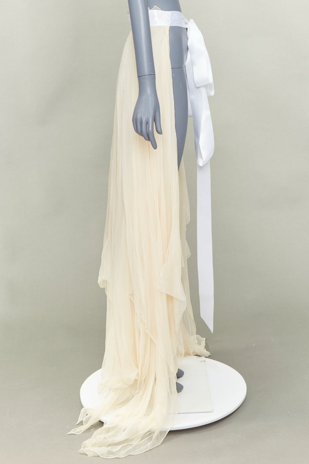 JEAN PAUL KNOTT cream hand-rolled pure chiffon silk white ribbon wrap skirt