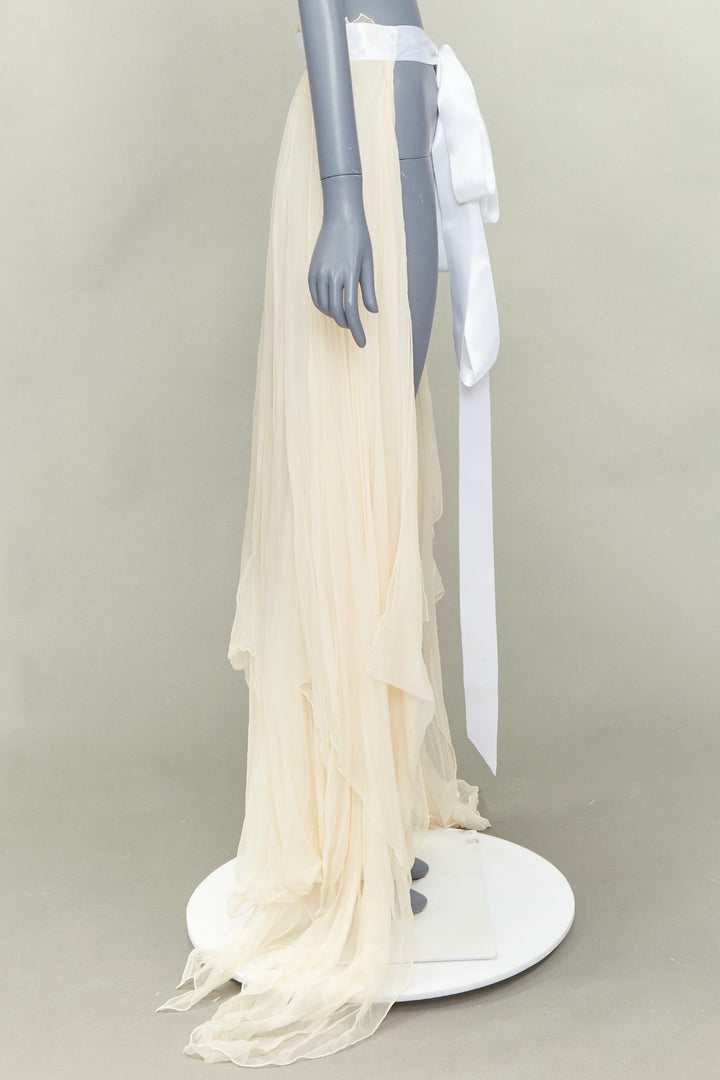 JEAN PAUL KNOTT cream hand-rolled pure chiffon silk white ribbon wrap skirt