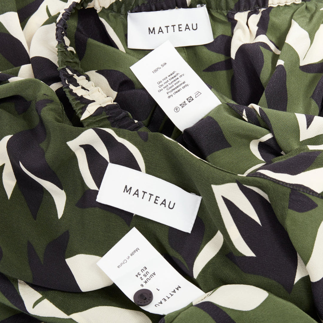 MATTEAU  100% silk  green black geometric print shirt pant set UK6 XS