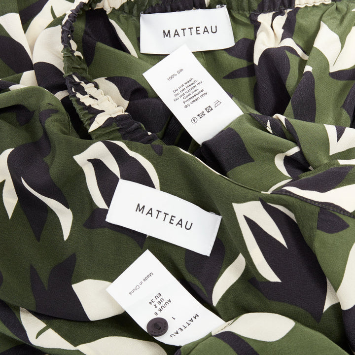 MATTEAU  100% silk  green black geometric print shirt pant set UK6 XS