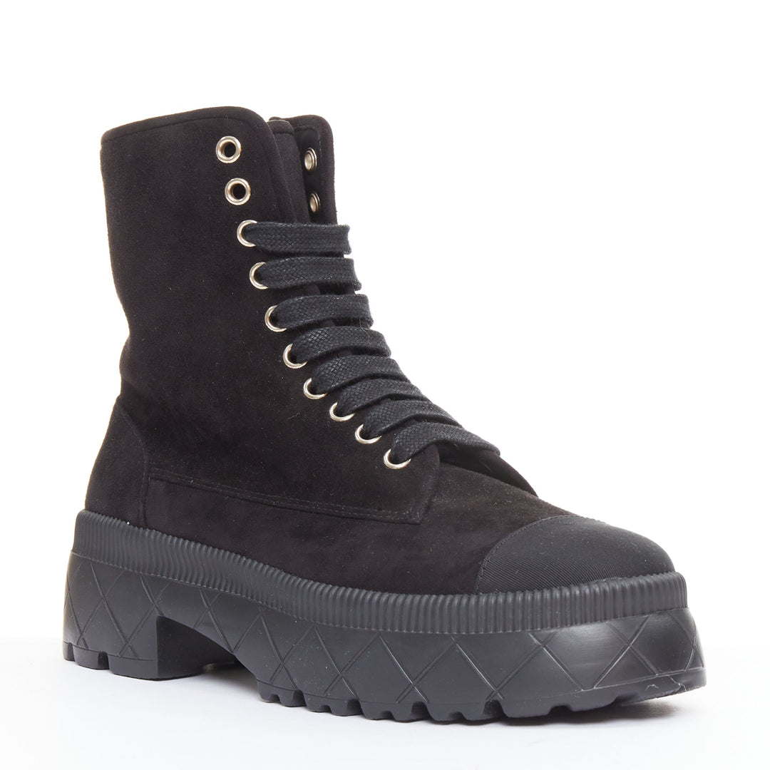 CHANEL 2023 black quilted suede silver CC cap toe platform combat boots EU37.5