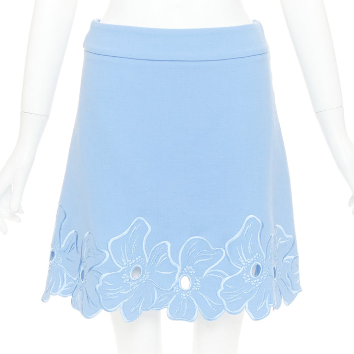 CHRISTIAN DIOR powder blue wool crepe floral cutout embroidered hem skirt FR38 M