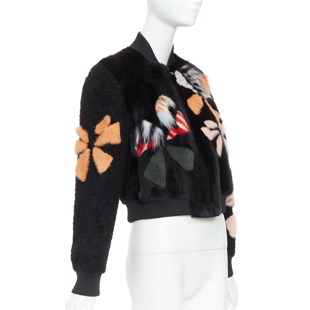 FENDI black floral fur leather lined cropped bomber jacket IT40 S