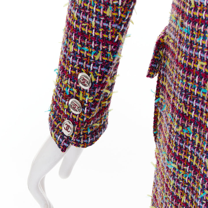 CHANEL 2023 Runway pink yellow multicolor tweed  CC button long coat FR36 S