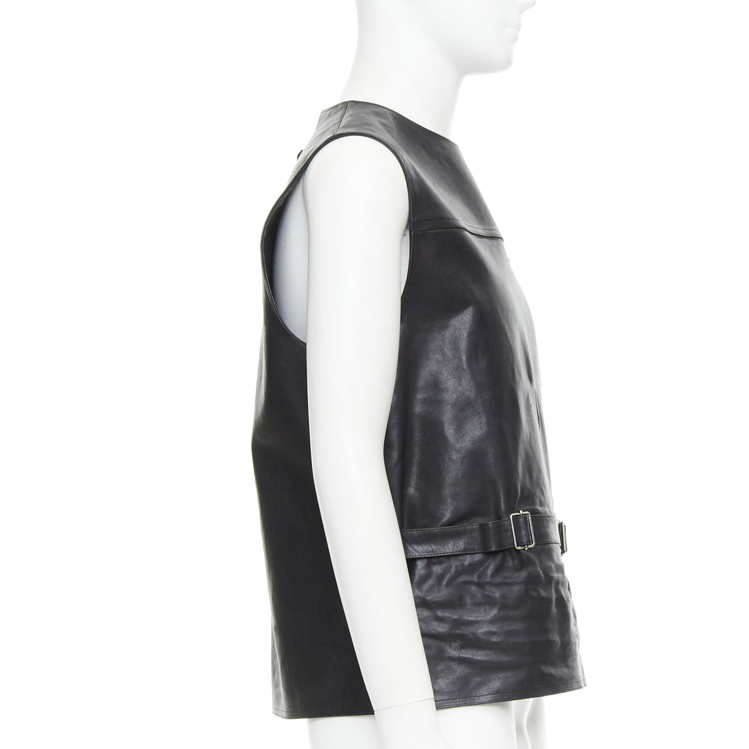 rare PRADA 2023 Runway Raf Simons Vitello black leather buckle vest IT48 M
