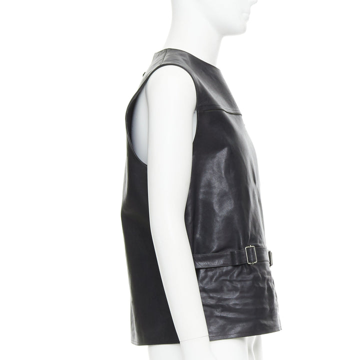rare PRADA 2023 Runway Raf Simons Vitello black leather buckle vest IT48 M
