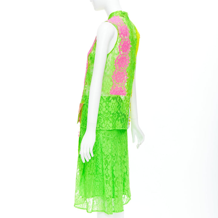 CHRISTOPHER KANE 2016 Runway neon green pink PVC lace skirt set UK8 S