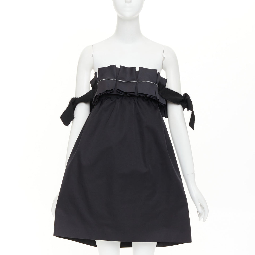 GIAMBATTISTA VALLI black wool strapless ruffled tie sleeve flared dress IT40 XS