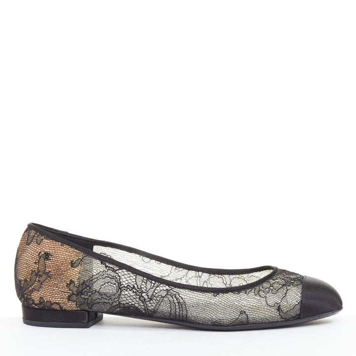 CHANEL black CC logo floral lace satin toe cap nude underlay ballet flats EU37