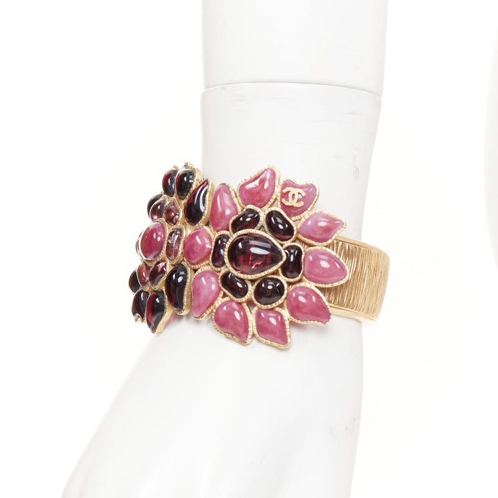 rare CHANEL 07A pink purple gripoix glass flower CC gold tone cuff bracelet