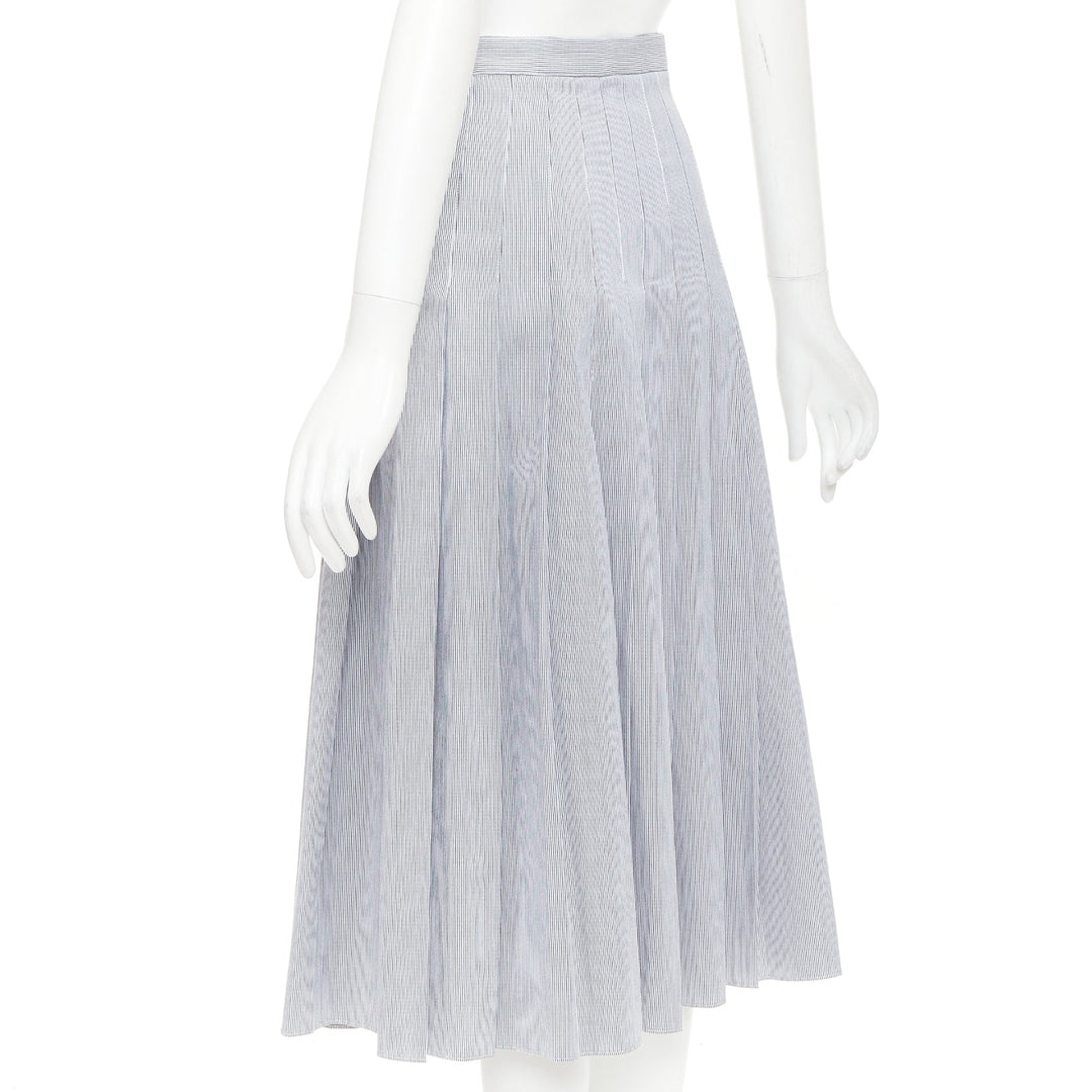 CELINE black white cotton striped box pleated high waist midi skirt FR36 S