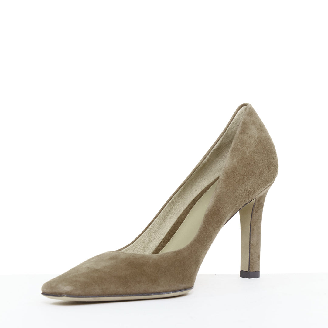 THE ROW Carla 80 dark taupe goatskin suede elongated square toes pumps EU38