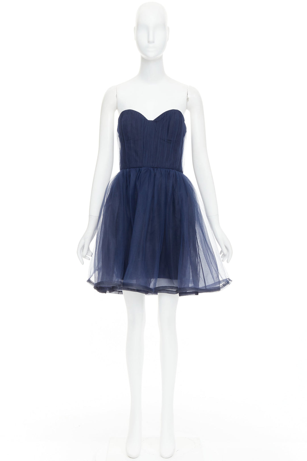 ALICE OLIVIA Landi Gathered navy tulle sheer overlay silk trimmed babydoll dress