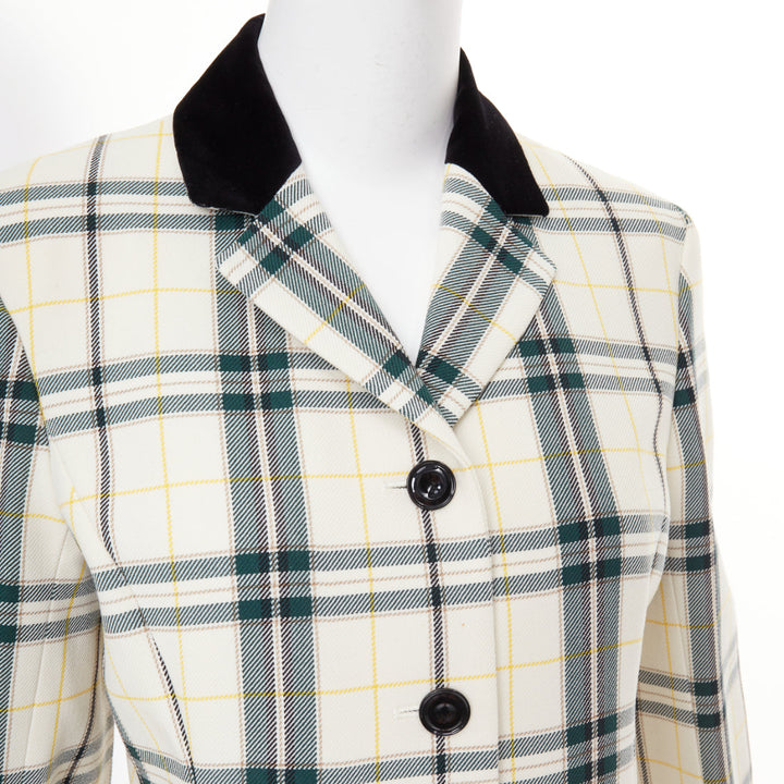 OLIVIER THEYSKENS cream green plaid check velvet collar fitted jacket IT38 XS