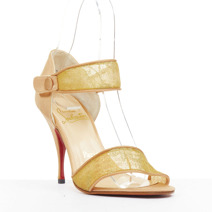 CHRISTIAN LOUBOUTIN 2011 gold lace nude satin trim straps cone sandals EU37.5