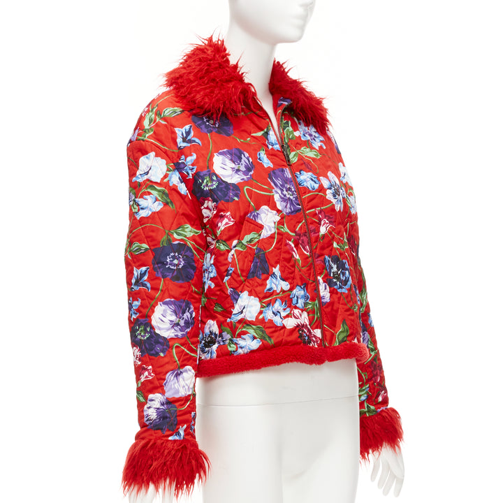 KENZO Memento reversible red purple flower print faux fur crop jacket FR34 XS