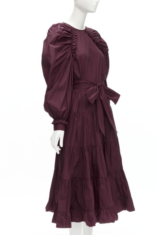 ULLA JOHNSON burgundy cotton bow belt balloon sleeves flared midi dress US2 XS