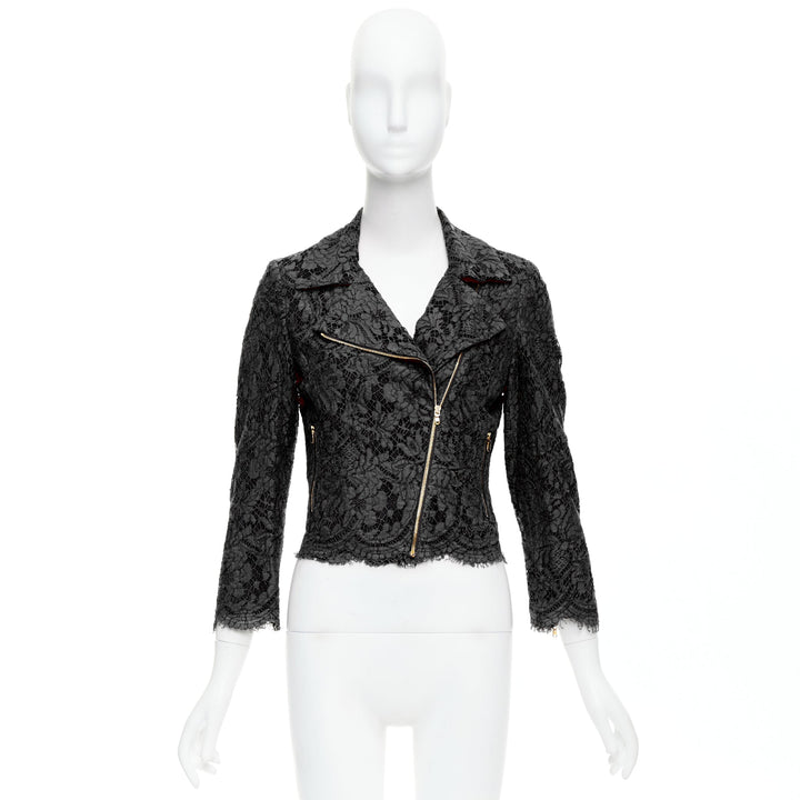 MSGM black cotton blend lace side zip cropped biker jacket IT40 S