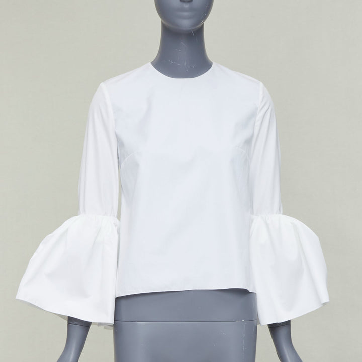 ROKSANDA cream cotton fit flare ruffled cuff fitted crew neck shirt UK6 XS