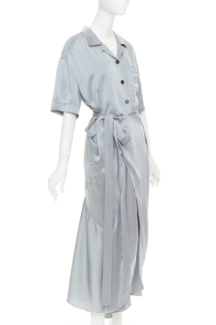 BURBERRY 100% silk steel blue button down wrap tie short sleeve dress UK8 S
