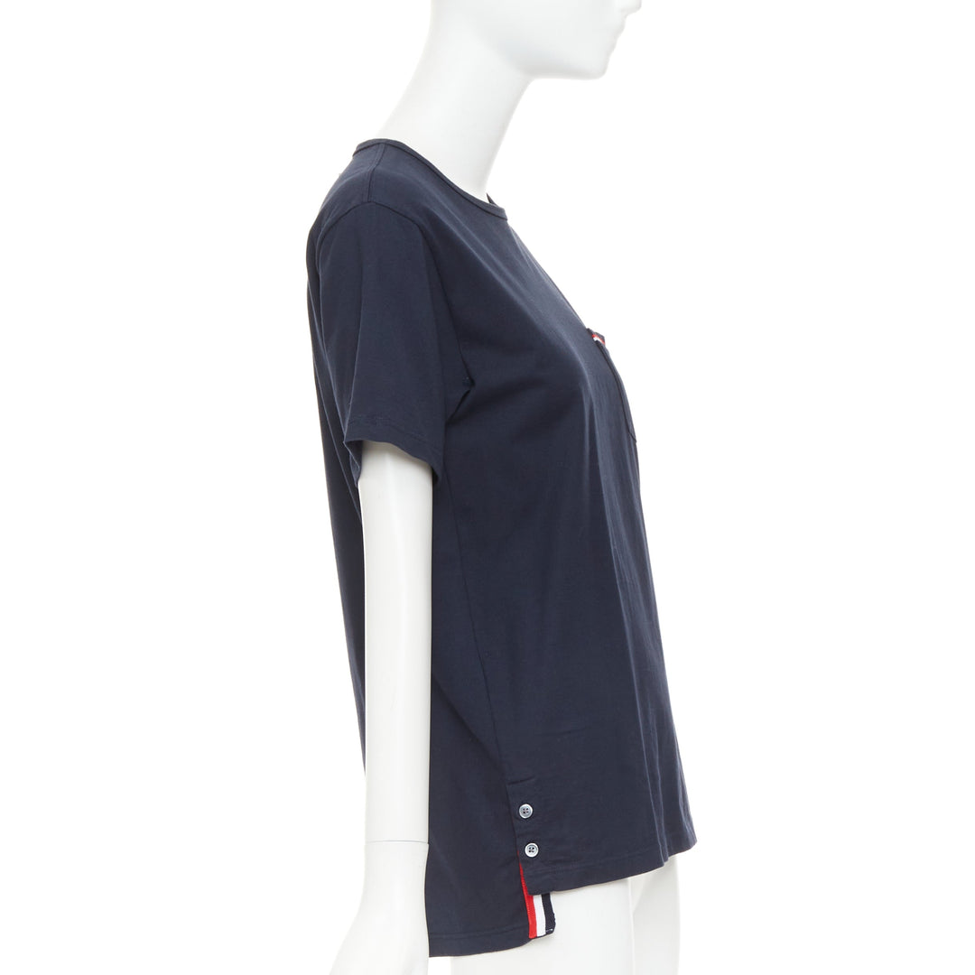 THOM BROWNE 2022 navy cotton RWB stripe trim short sleeve pocket tshirt Sz1 S
